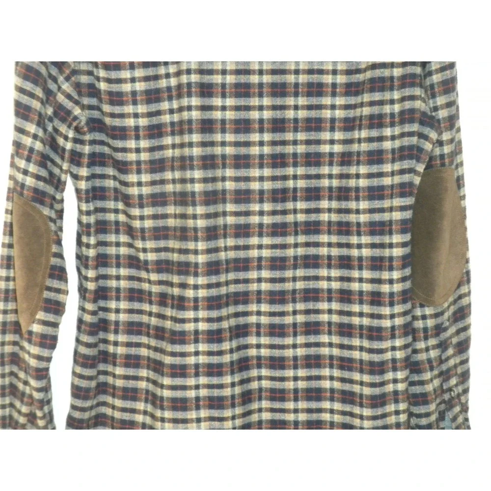 J Crew Shirt Mens M Blue Brown Plaid Flannel Wool Blend‎ Leather Elbow Patch